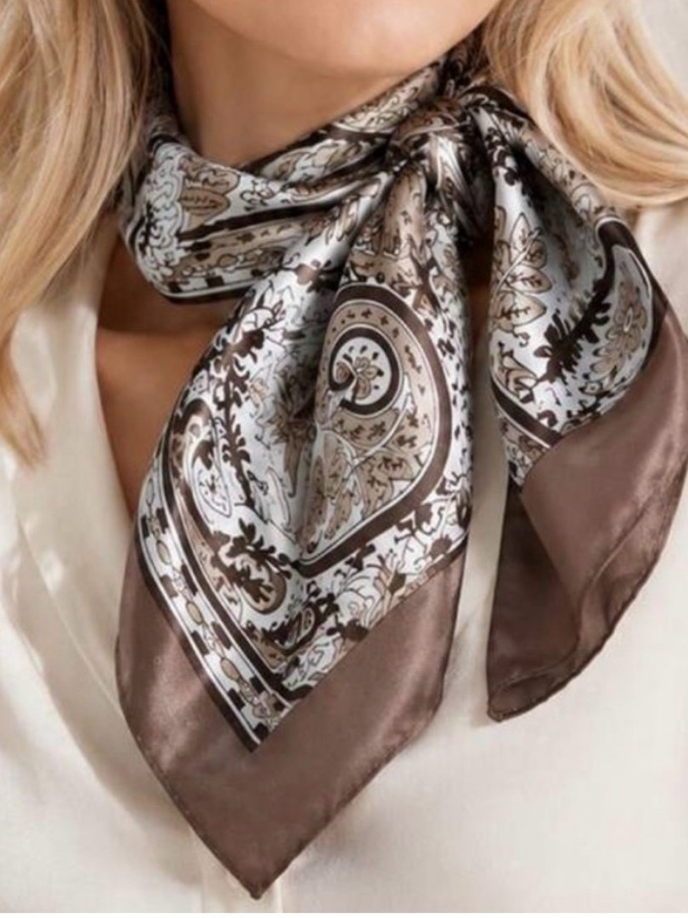 Elegant Paisley Neck Scarf - Taupe & White